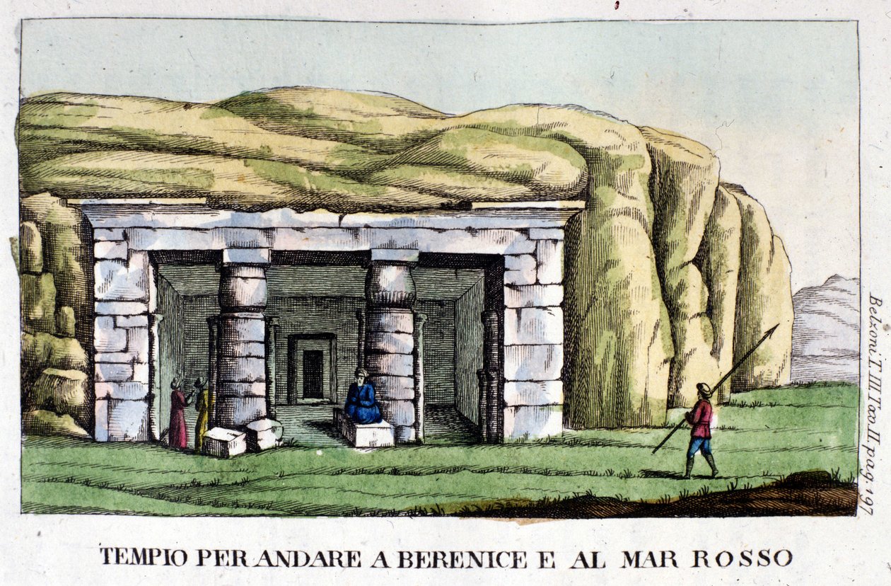 Utsikt över templet som ligger på vägen till Berenice idag Benghazi och till Röda havet. Författaren, Giovanni Battista (Gianbattista) Belzoni (1778-1823), är en italiensk upptäcktsresande och arkeolog som har gjort viktiga arkeologiska upptäckter i Egypte av Italian School