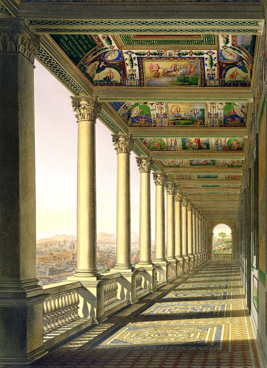 Vy över loggian på tredje våningen i Vatikanen, med dekor av Raphael, från Delle Loggie di Rafaele nel Vaticano, publicerad som ett löst blad i upplagan av 1814 (handfärgad gravyr) av Italian School