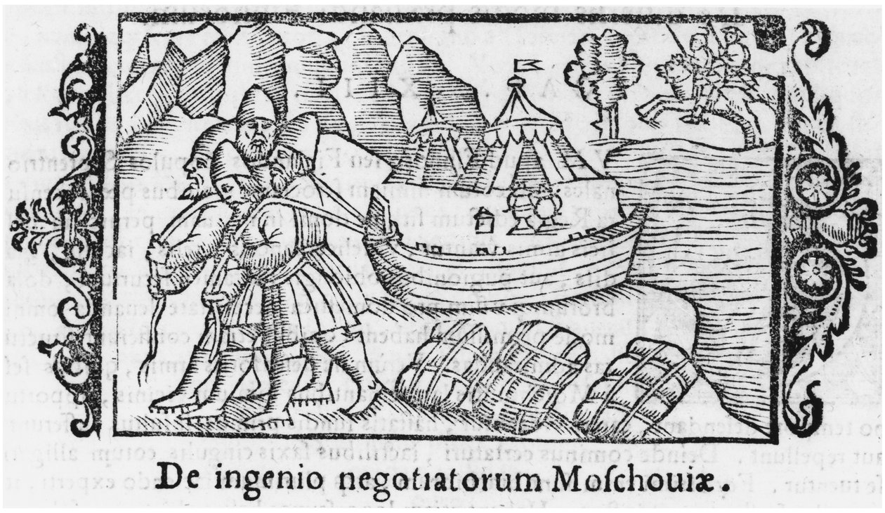 Vikingar som bär en båt till Ryssland, illustration från History of the Northern Nations av Olaus Magnus (1490-1558), publicerad i Rom, 1555 av Italian School
