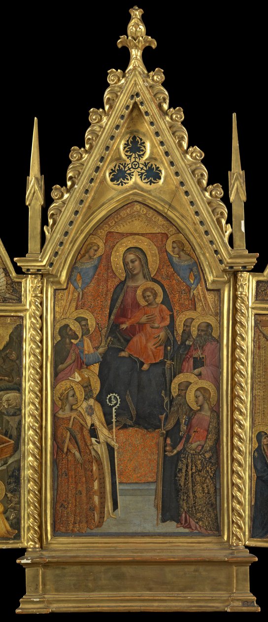 Virgin and Child Enthroned with Eight Saints (mittpanelen), ca 1330-70 (tempera på panelen) av Italian School