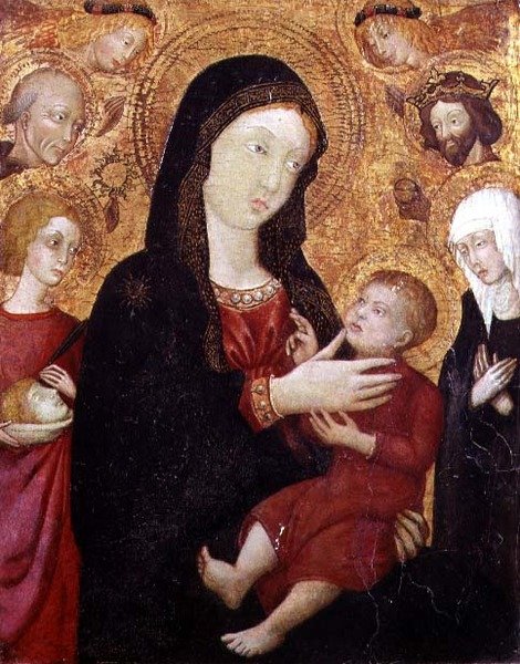 Jungfru och barn med S. Bernadino, Sigismund, Clare och Crescentius, 1400-talets andra hälft (tempera på panel) av Italian School