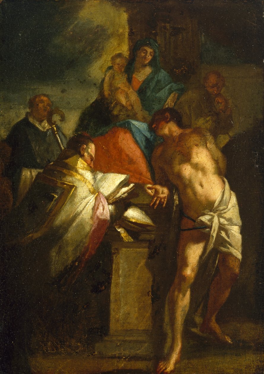 Jungfru och barn med den helige Sebastian och en biskopshelgon, 1600-talet av Italian School