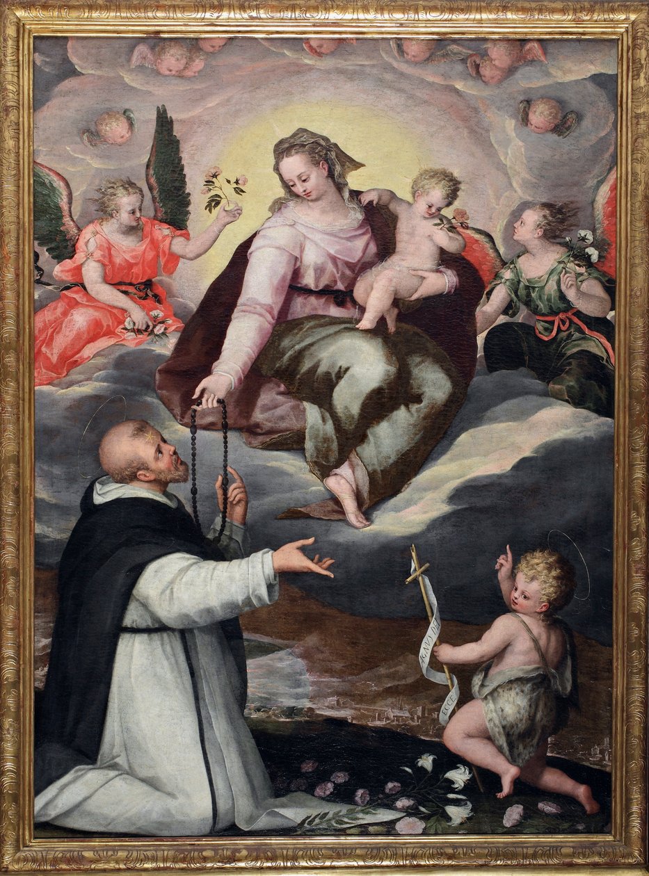 Virgin överlämnar radbandet till St Dominic Anonymous målning runt 1650 Milano, basilikan Santa Maria delle Grazie av Italian School
