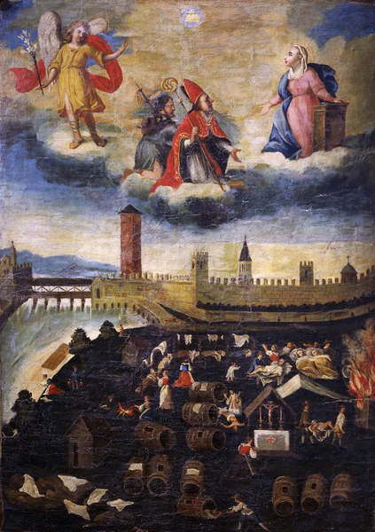 Votiv banderoll föreställande pesten i Trento 1636 av Italian School