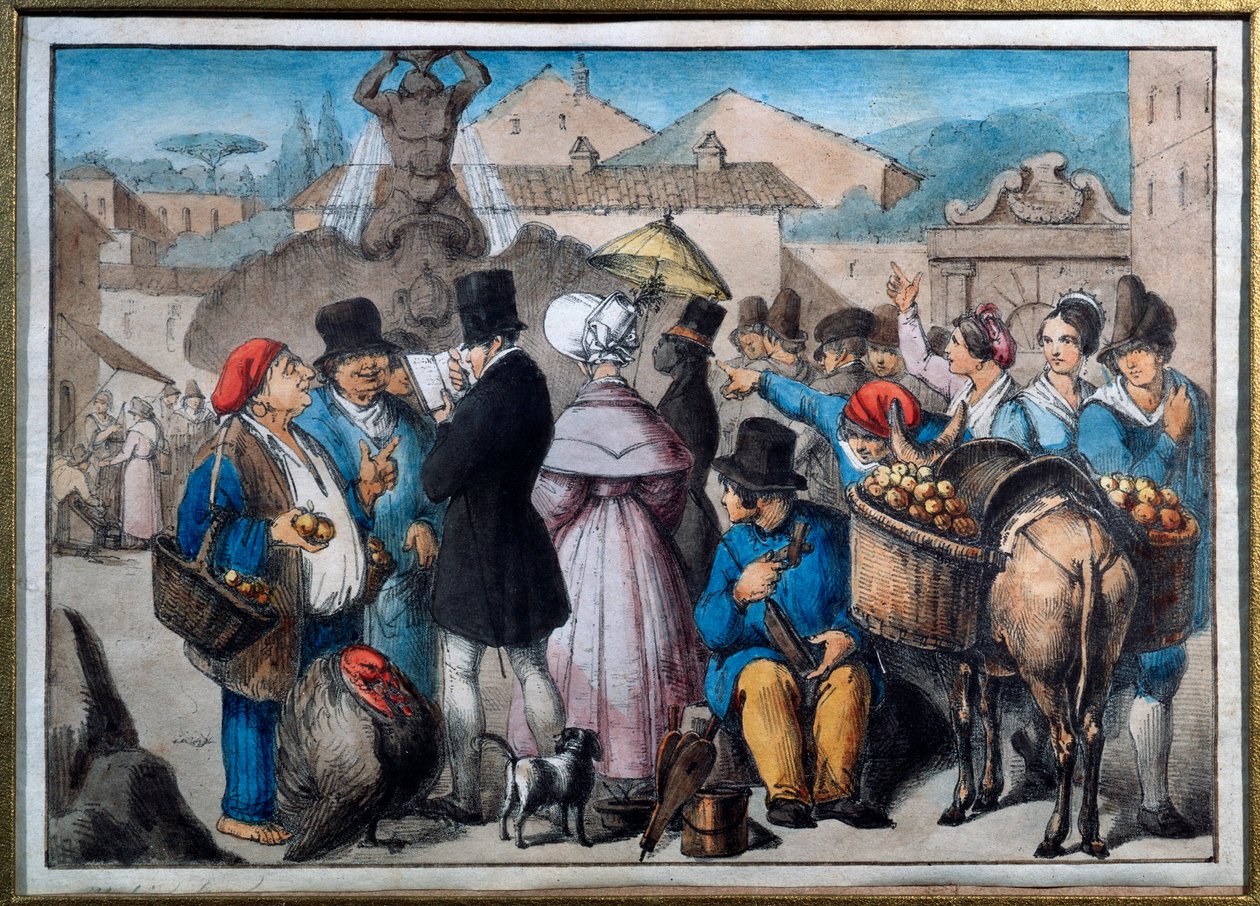 Vandringsscen i Rom Akvarell av 1800-talets Rom, museo del folklore av Italian School
