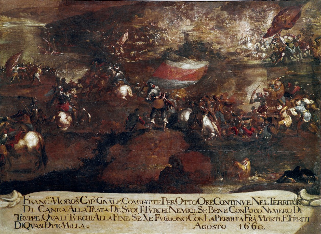 War of Candia (Kreta):: "" Slaget vid Chania ledd av Francesco Morosini (1619-1694) i augusti 1660" (Kretensiska kriget (1645-69): attacken av Canea ledd av Francesco Morosini i augusti 1660) Målning av Venetiansk skola av Italian School