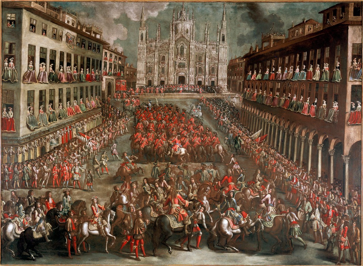 Spanska tronföljdskriget: "" Festligheter organiserade för att fira prins Eugenio di Savoias inträde till Milano (1663-1736) i spetsen för den segerrika armén efter slaget vid Turin den 24/09/1706" (firande på Piazza Duomo i Milano för segraren av Italian School
