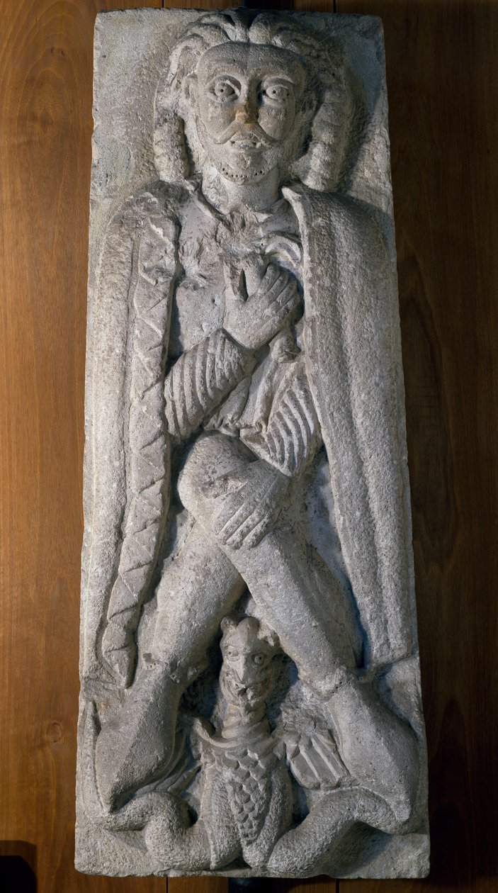 Krigare på huk med drake, stenrelief, Italien av Italian School
