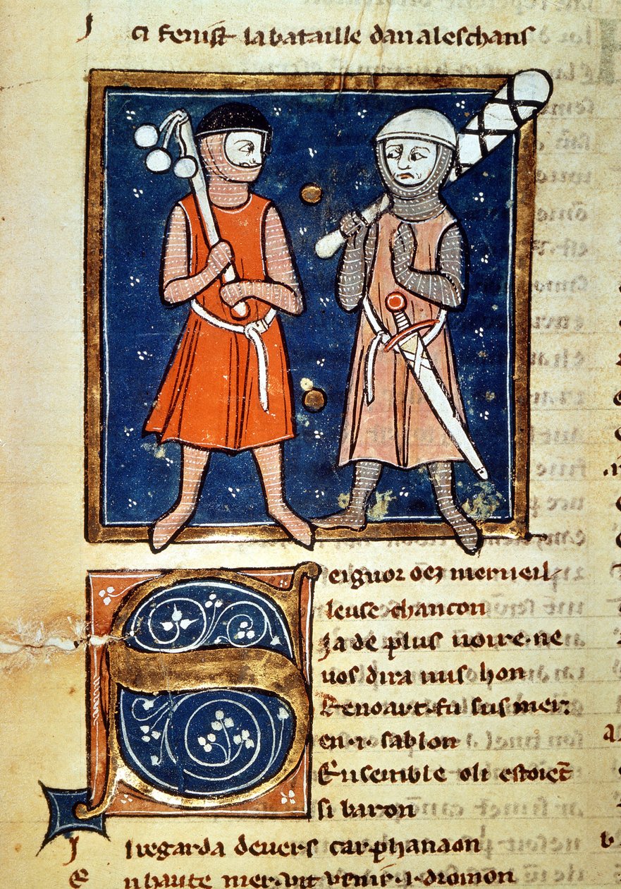 Warriors armar av klubbor - i "" The coinage of William""", manuskript från 1200-talet. biblioteca Trivulziana. Milano av Italian School