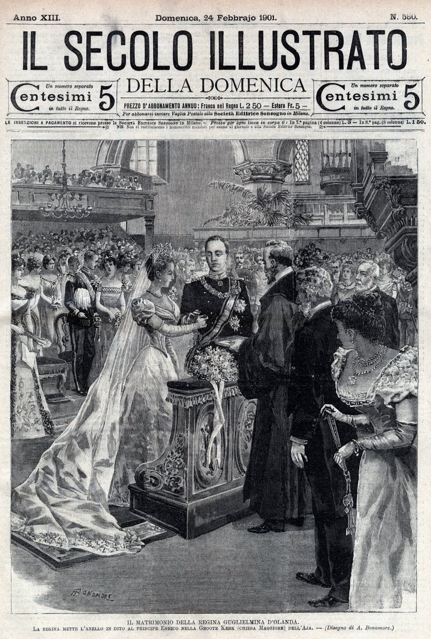 Bröllop av drottning Wilhelmina av Nederländerna och hertig Henrik av Meckleburg 1901 - Bröllop av drottning Wilhelmina av Nederländerna (1880-1962) och hertig Henrik av Meckleburg Schwerin (1876-1934) - omslag till "Il secolo illustrato" den 24 februari av Italian School