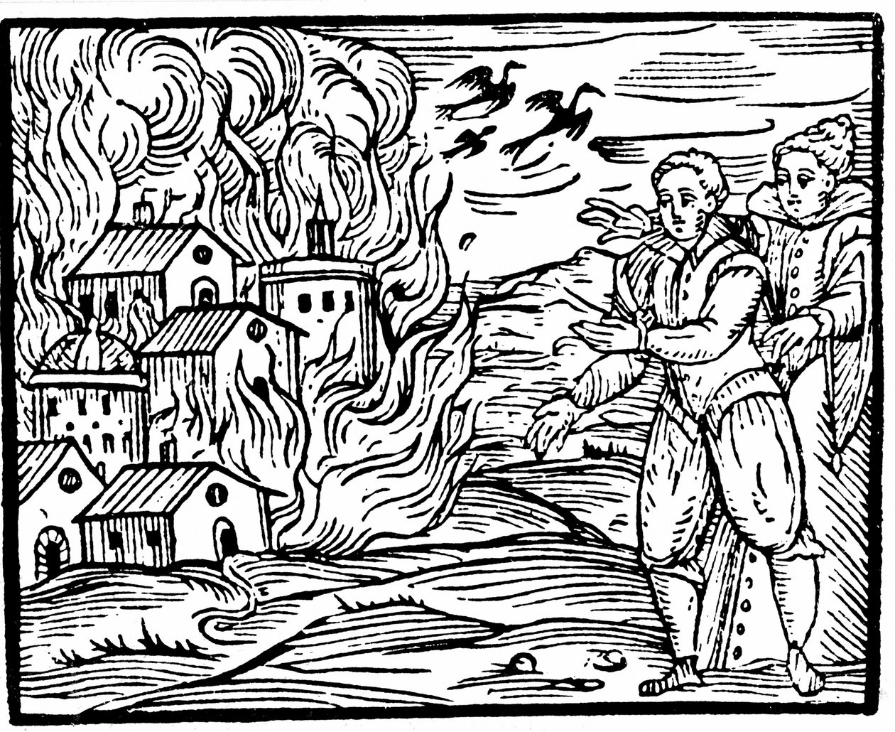 Häxor som förstör ett hus genom brand, Schwaben 1533, illustration från Compendium Maleficarum av Francesco Maria Guazzo, 1608 av Italian School