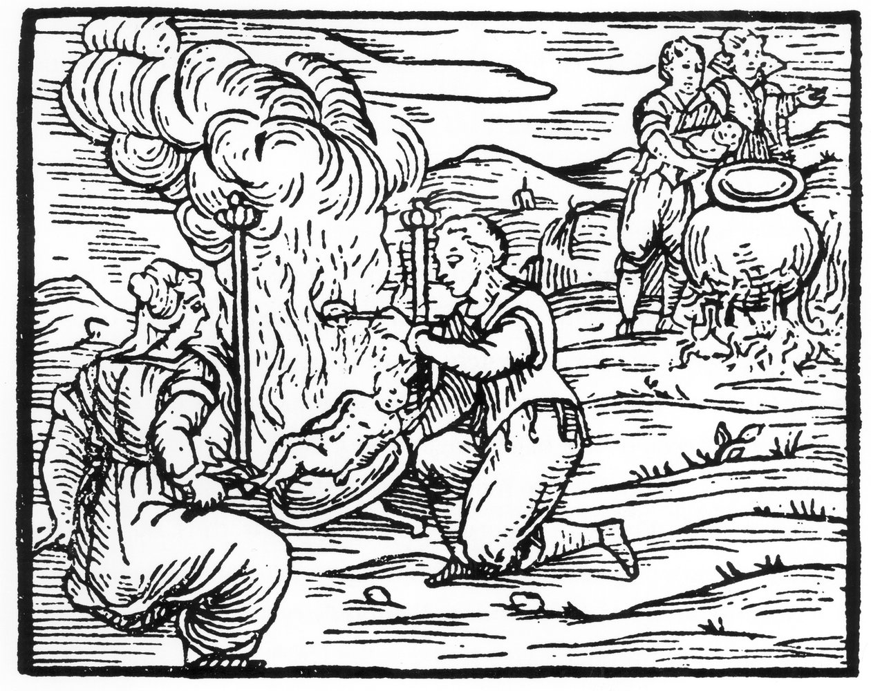 Häxor som steker och kokar spädbarn, kopia av en illustration från Compendium Maleticarum av Fr M Guaccius, Milano 1608, använd i History of Magic, publicerad i slutet av 1800-talet av Italian School