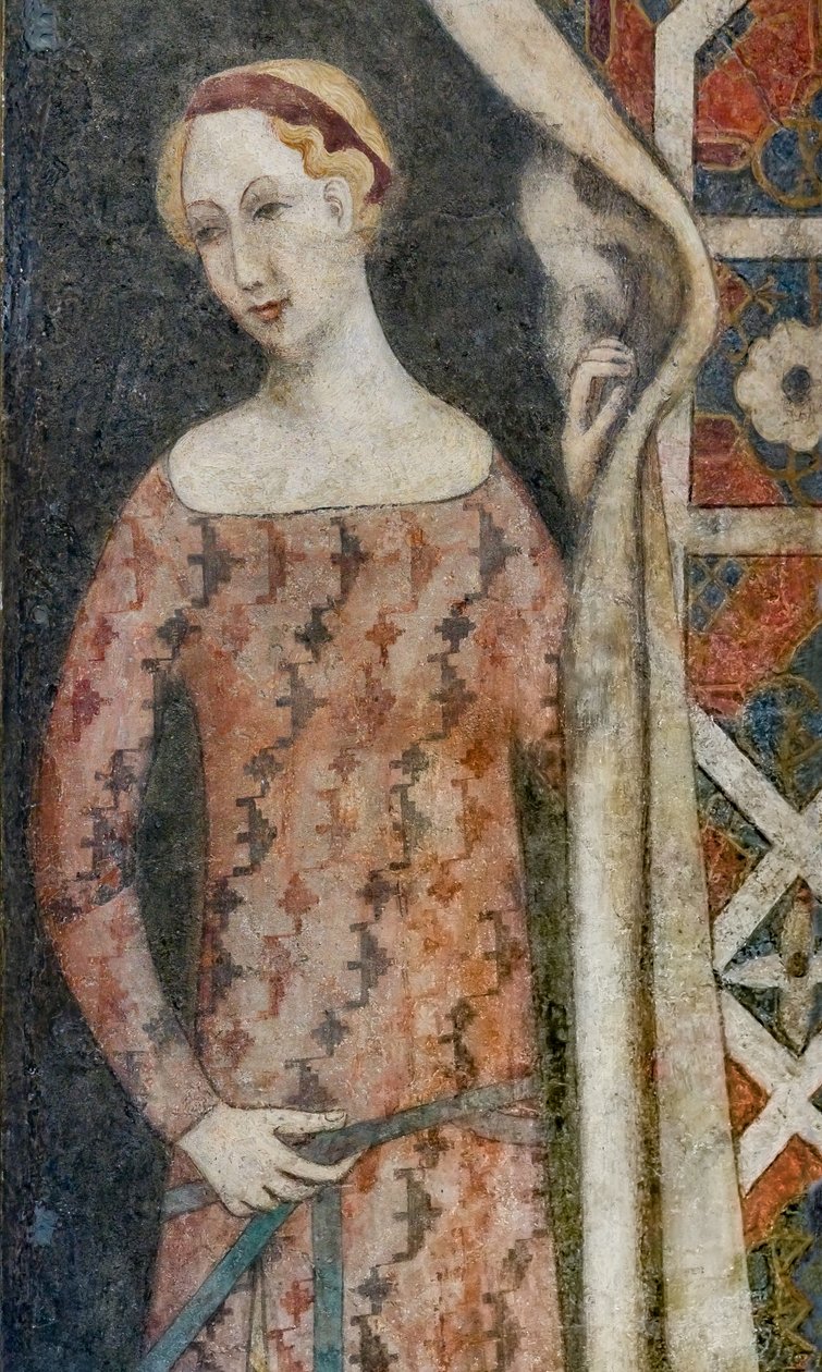 Kvinna som drar ett draperi med geometriskt mönster, början av 1400-talet (fresco) av Italian School