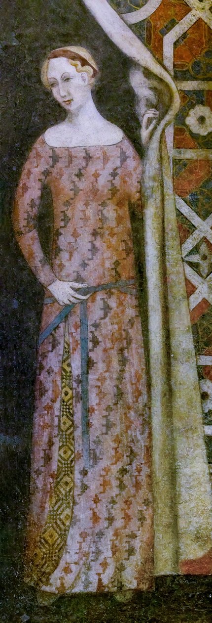 Kvinna som drar ett draperi med geometriskt mönster, början av 1400-talet (fresco) av Italian School