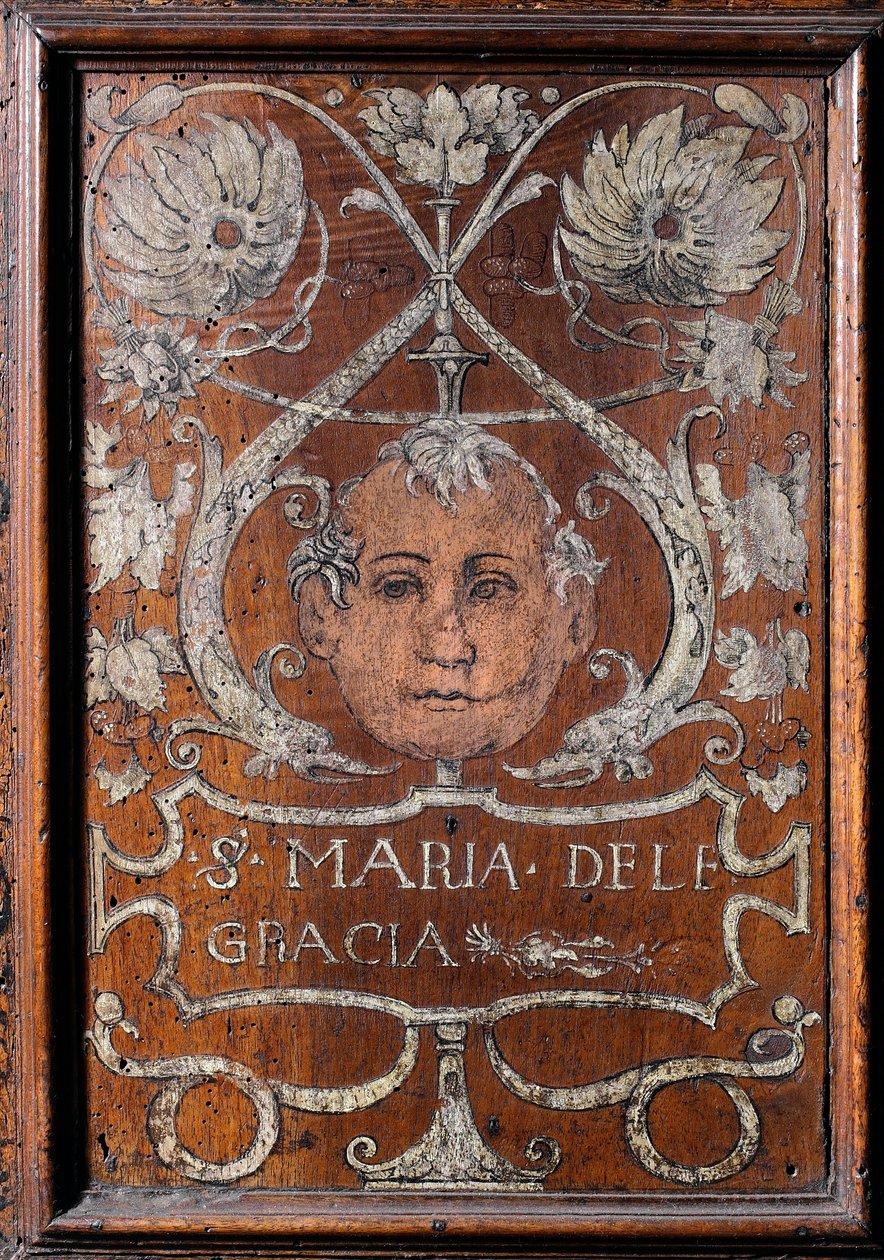 Trätallrik dekorerad med ett ansikte och inskriptionen "Santa Maria delle Gracia" ", sacristy del bramante 1429-1481 Basilica di Santa Maria delle Grazie Milan (träbänk dekorerad med ett ansikte och inskriptionen" Santa Maria delle Gracia "", Bramante sacr av Italian School