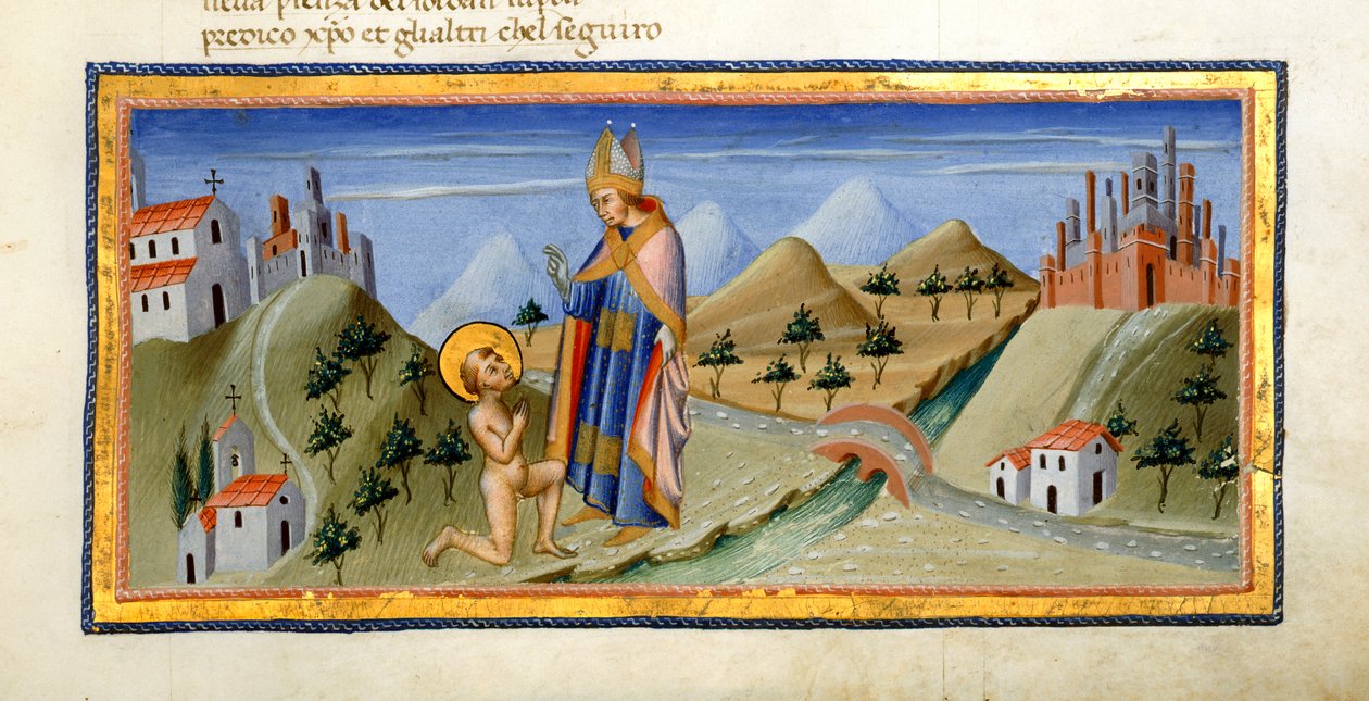 Yates Thompson 36, f.149, Den nakna gestalten av St. Franciskus, mottar välsignelsen av biskopen av Assisi, från 
