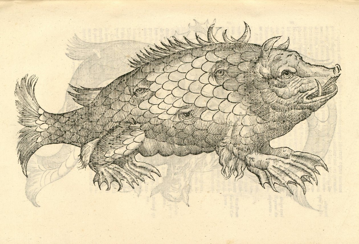 illustration av Monstrosus Sur marinus från Aldrovandis History of Monsters, 1642 av Italian School