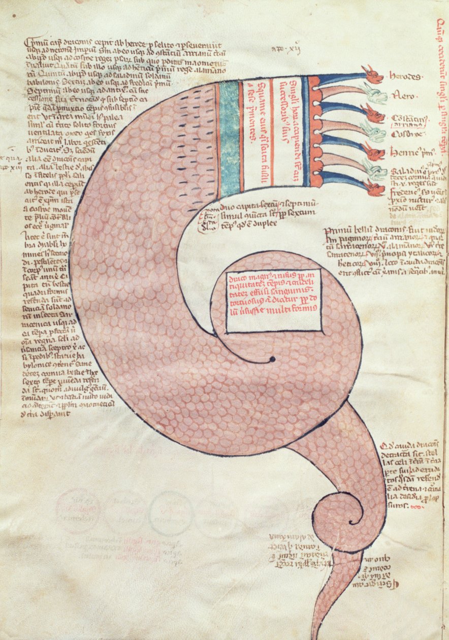 ms.ASPi, C.M 15, c.3v Page of text with an apocalyptic dragon, from Liber Figurarum e le Proemisssiones Gioachimitiche by Joachim of Flora (c.1132-1202)  av Italian School