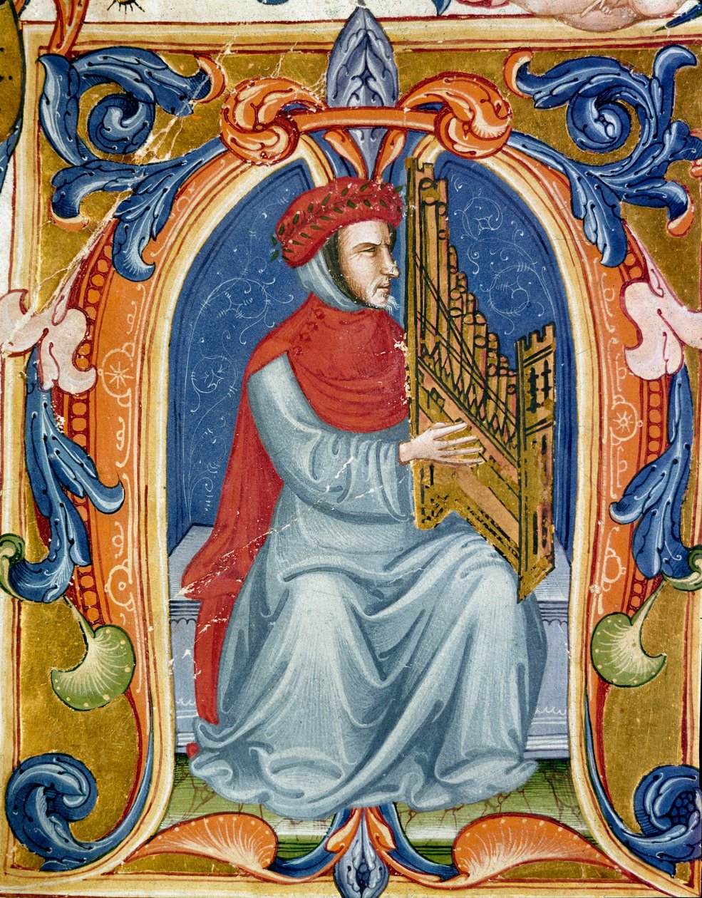 porträtt av Francesco Landini eller Landino som spelar orgel (1325 1397) italiensk kompositör, organist, sångare, poet. Miniatyr av Codex Squarcialupi från 1400-talet. Firenze, bibliotek Laurenziana, Ms. Med. Kompis. 87. av Italian School