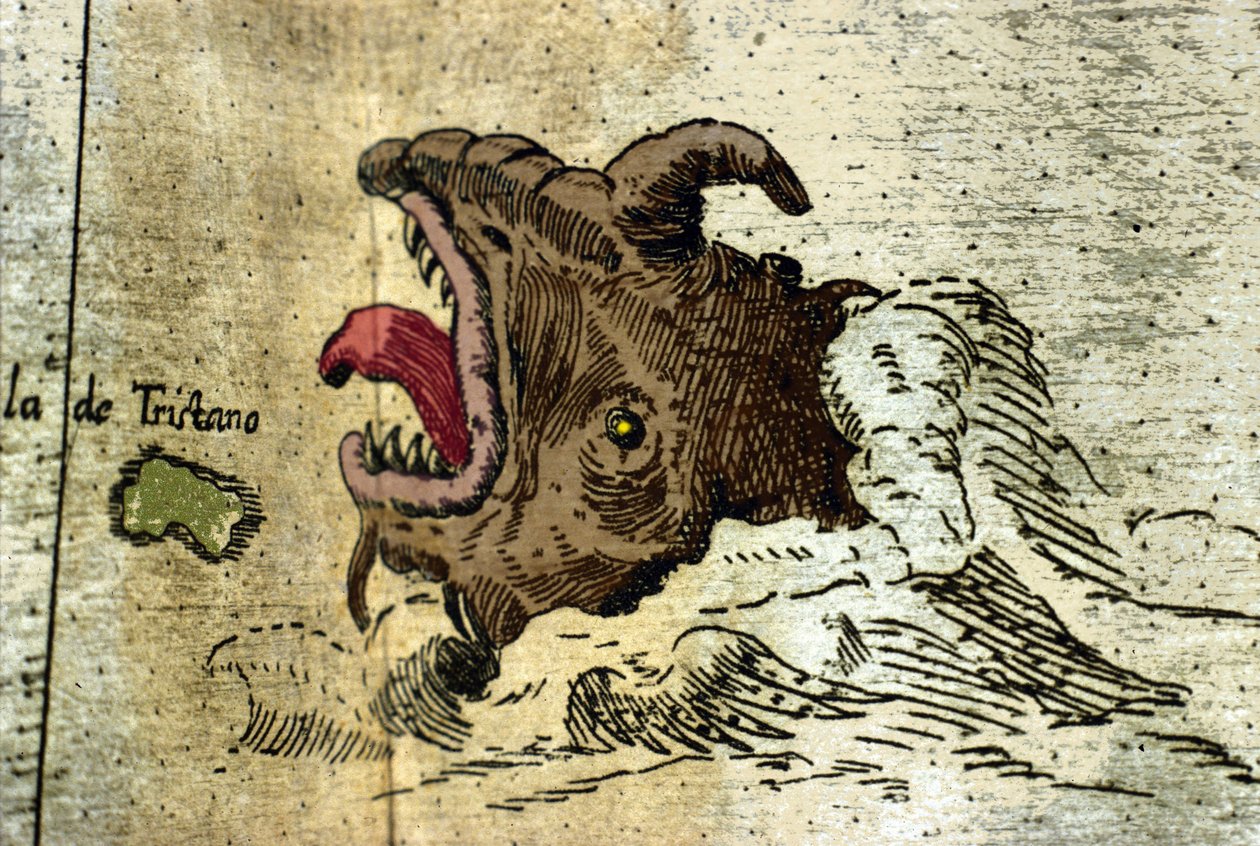 representation av ett marint monster nära Tristan da Cunha-skärgården. Detalj av Atlas of Urbano Monte av Italian School