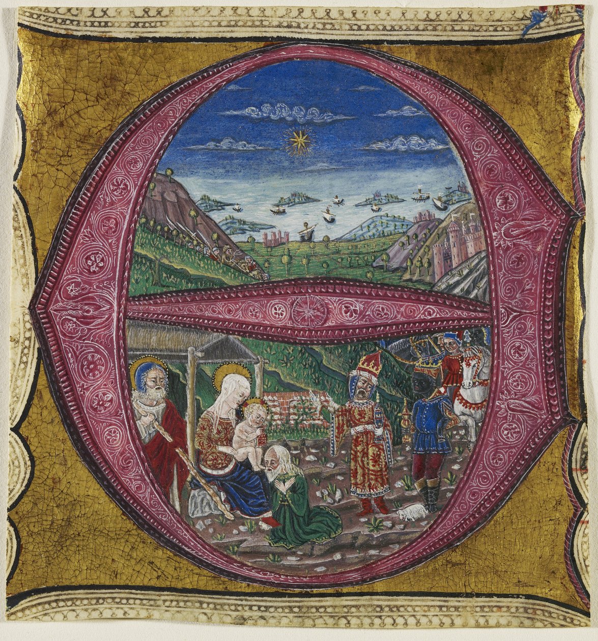 Tillbedjan av Magi (tempera, bläck och bladguld på pergament) av Italian School Italian School