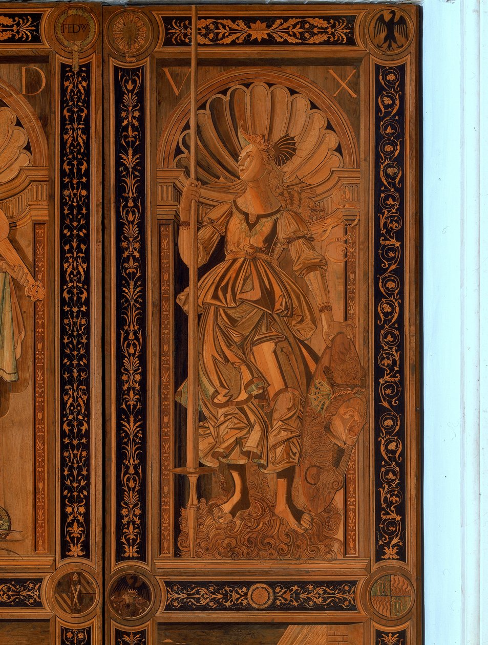 Detalj av en av dörrarna vid Sala degli Angelo, Palazzo Ducale, Urbino (trä) av Italian School Italian School