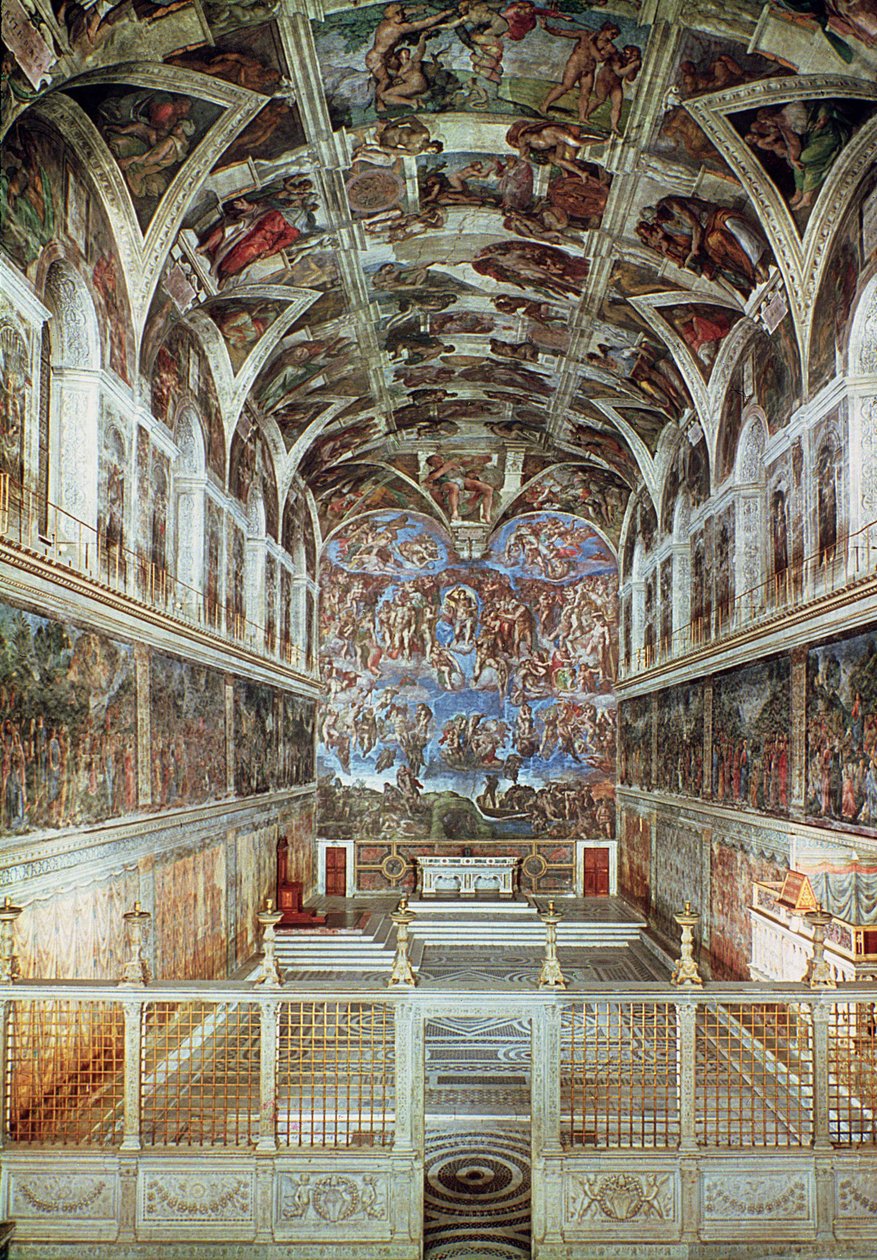 Interiörvy av Sixtinska kapellet (förrestaurering) av Italian School Italian School