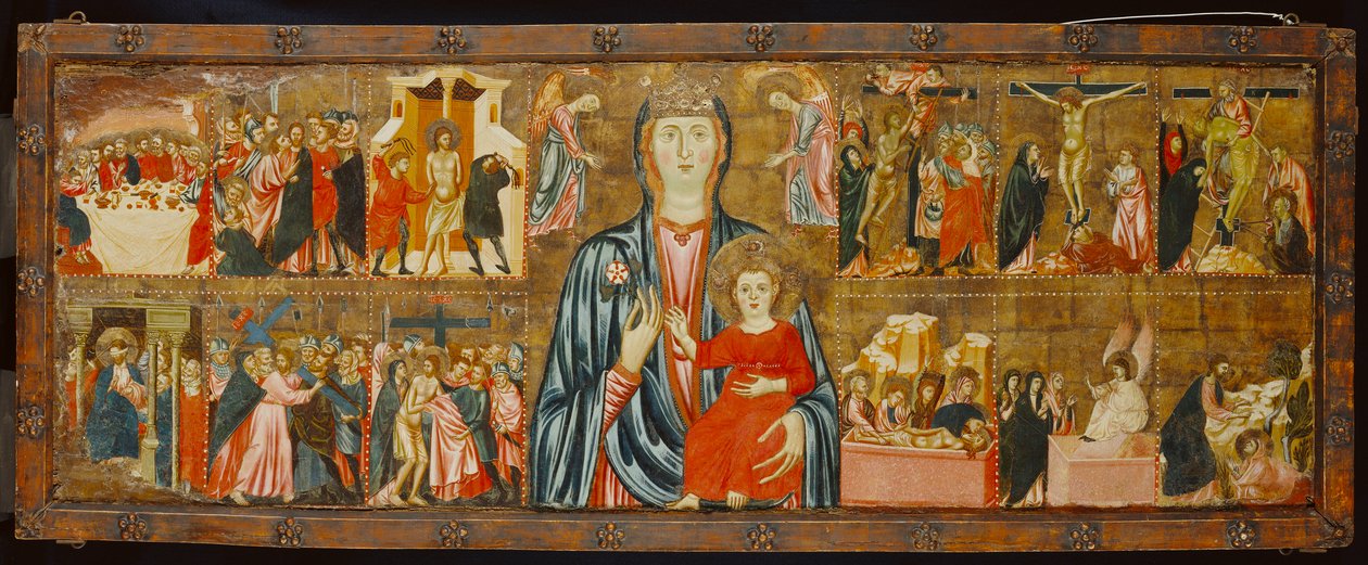 Madonna och barn och två änglar med tolv scener från passionen, ca 1310 (tempera på panel) av Italian School Italian School
