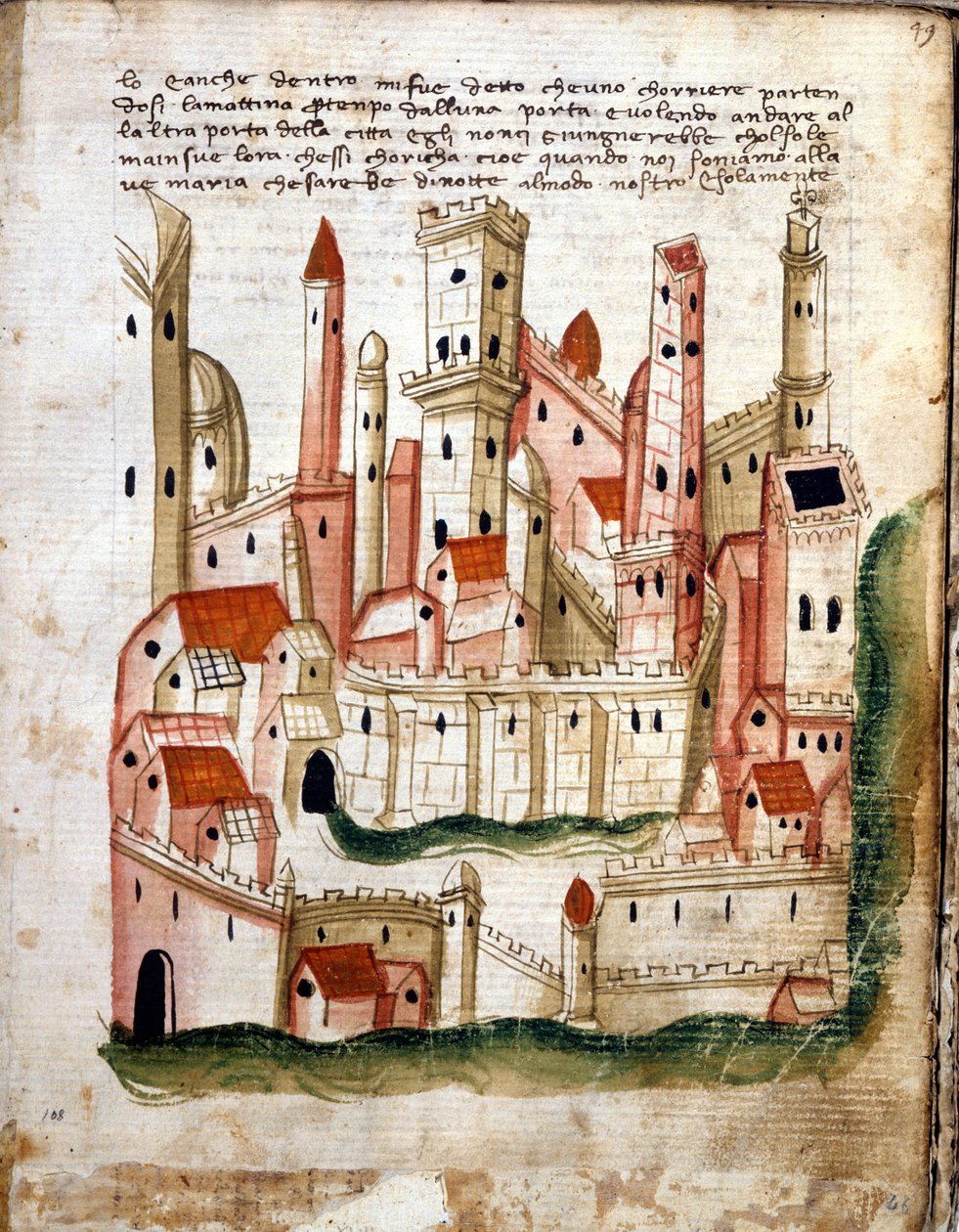 Utsikt över staden Jerusalem, från Libro dOltramare av Niccolo da Poggibonsi (penna & bläck och tempera på veläng) av Italian School Italian School