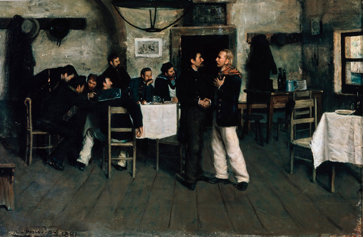 Möte av Giuseppe Garibaldi (1807-1882) och Giovanni Battista Cuneo (1809-1875) vid Taganrog, hamnen vid Svarta havet 1833, av Italo Nunes Vais (1860-1932) av Italo Nunes Vais