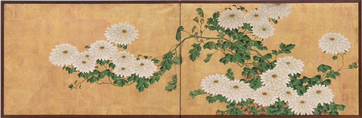 Krysantemum, Edo-period (bläck, färg & guld på papper) av Ito Jakuchu