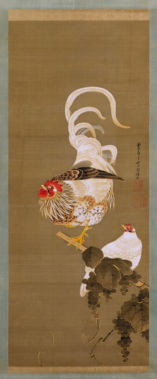 Höna och tupp med vinranka, 1792. av Ito Jakuchu