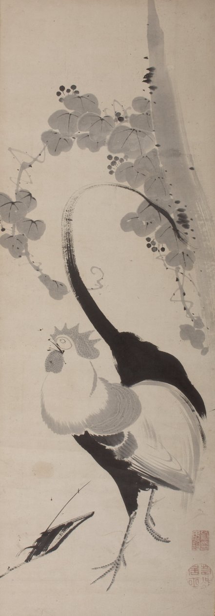 Rooster and Grapevine, Hanging Scroll, Edo Period (bläck på papper) av Ito attr. to Jakuchu