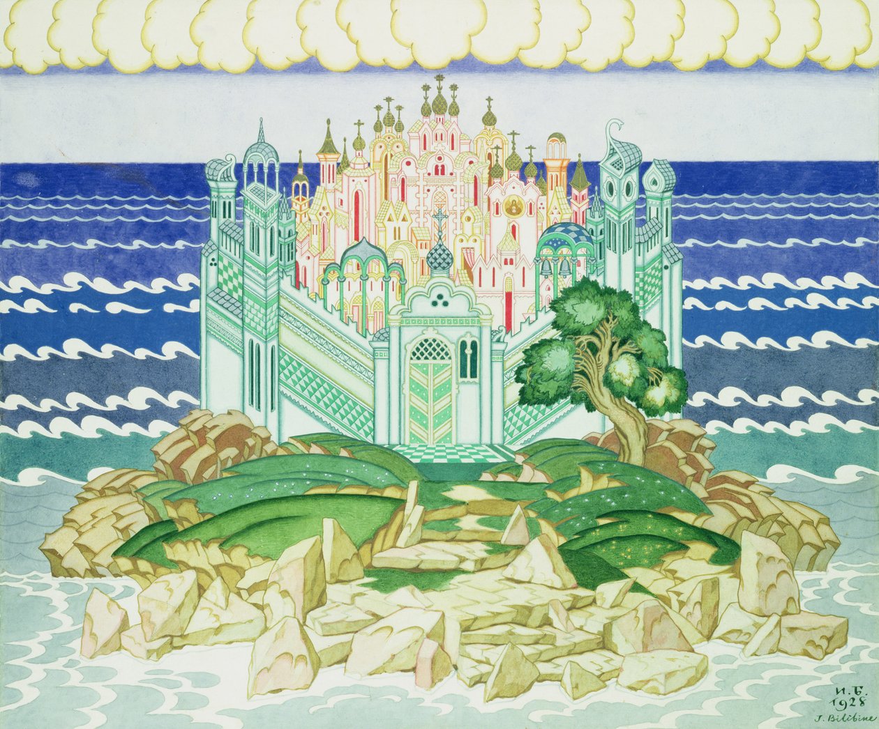 Design för inredningen av 1928 års produktion av Rimsky-Korsakovs opera "Grad Kitezh" i Paris, 1928 av Ivan Yakovlevich Bilibin