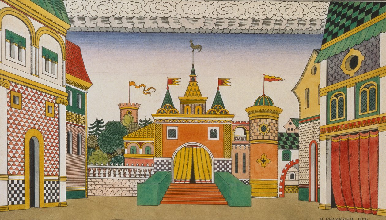 Sketch for the Opera, The Golden Cockerel, av Nikolai Rimsky-Korsakov (1844-1908), 1909 (wc och gouache på papper) av Ivan Yakovlevich Bilibin