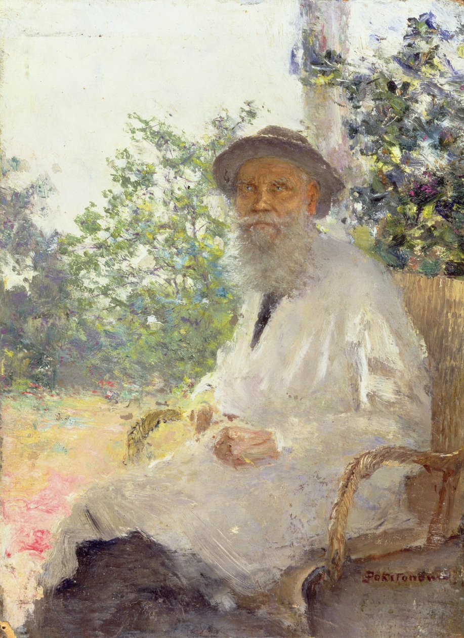 Porträtt av Lev Nikolaevich Tolstoy (1828-1910) på terrassen, 1905 av Ivan Pokitonov