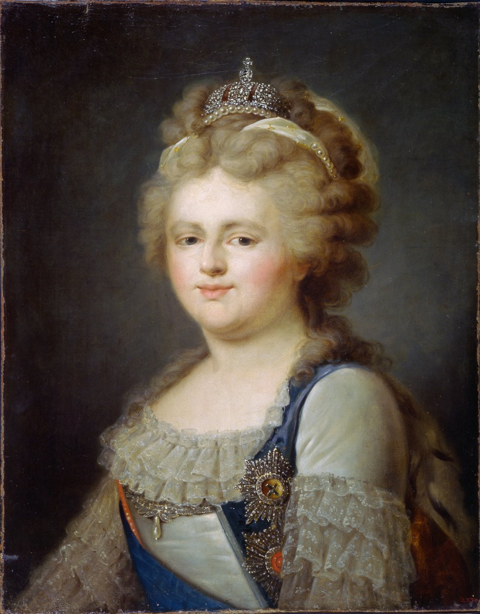 Porträtt av kejsarinnan Marie Fiodorovna (född Sophie Dorothee de Württemberg Montbeliard) (1759-1828)(Porträtt av kejsarinnan Maria Feodorovna). Målning av Ivan Afanasievich Pustynin (1769- efter 1812), olja på duk, efter 1796. Rysk konst av Ivan Afanasievich Pustynin