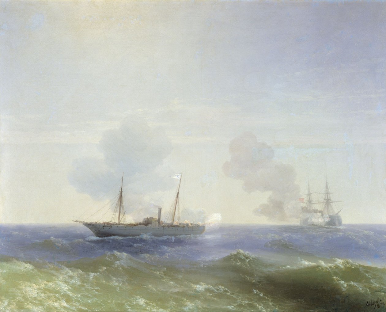 Ryska: "Ångaren Vestas kamp mot det turkiska slagskeppet Fehti-Bulend i Svarta havet den 11 juli 1877 " Ångaren Vestas kamp mot det turkiska slagskeppet Fehti-Bulend i Svarta havet den 11 juli 1877 av Ivan Aivazovsky