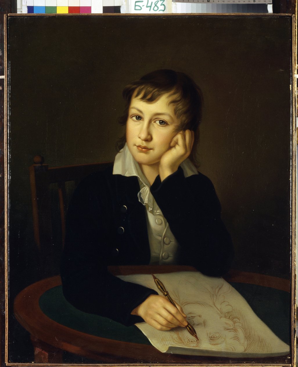 Porträtt av greve Alexander Nikolajevitj Mordvinov (1799-1858). (Porträtt av greve A.N. Mordvinov). Ung tonåring, vid sitt skrivbord, håller huvudet och en mekanisk penna och observerar ansiktet på målaren vars ansikte han ritar. Målning av Ivan Alexeevich av Ivan Alekseevich Tyurin
