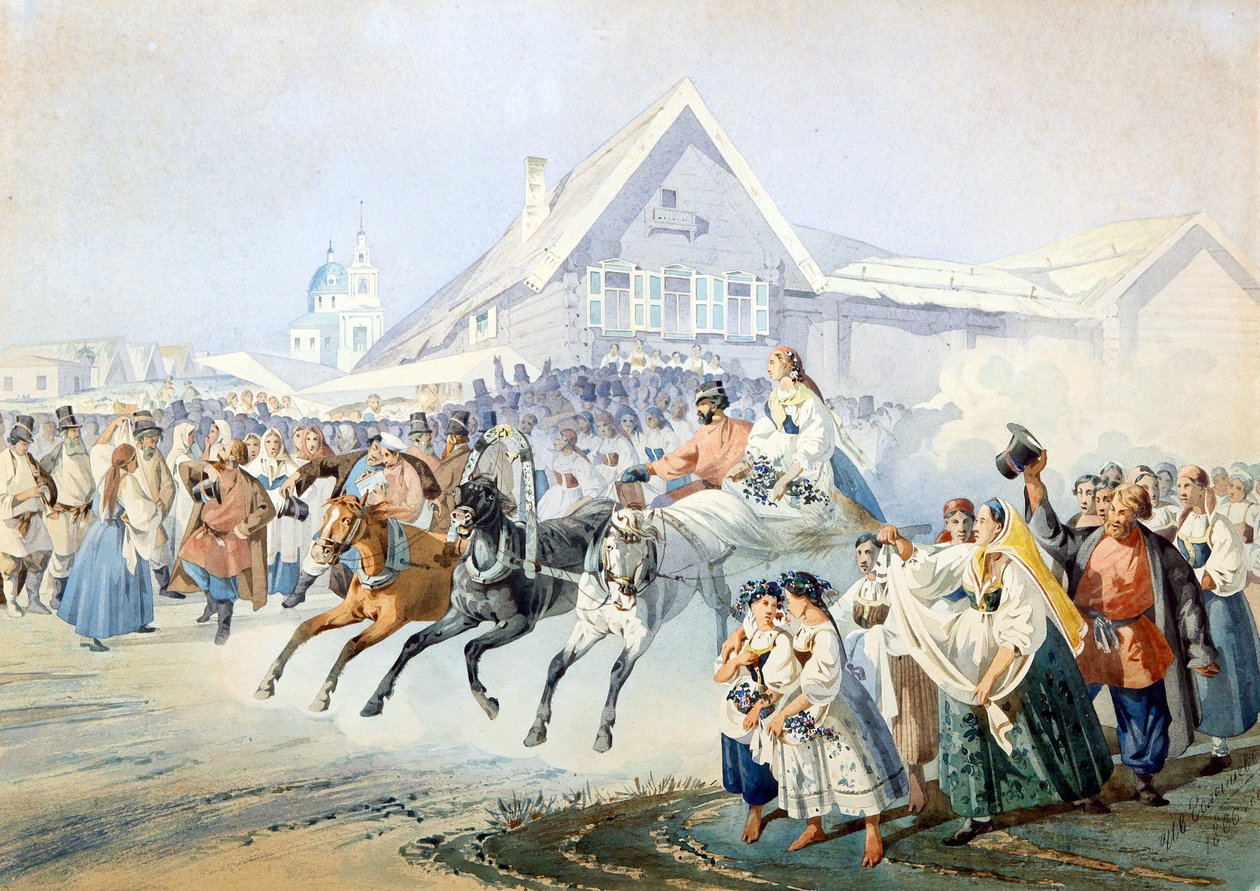Scene de mariage - Bröllopsscen av Golyshev, Ivan Alexandrovich (1838-1896), - Litografi, akvarell, 33,5x47 - Privat samling av Ivan Alexandrovich Golyshev