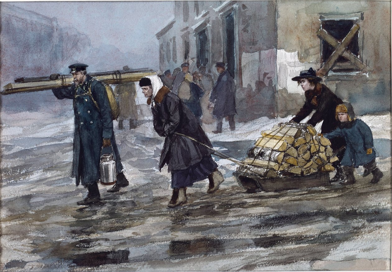 En familj med en ingenjör som släpar hem lite bränsle av Vladimirov, Ivan Alexeyevich (1869-1947). Akvarell, Gouache på papper av Ivan Alexeyevich Vladimirov