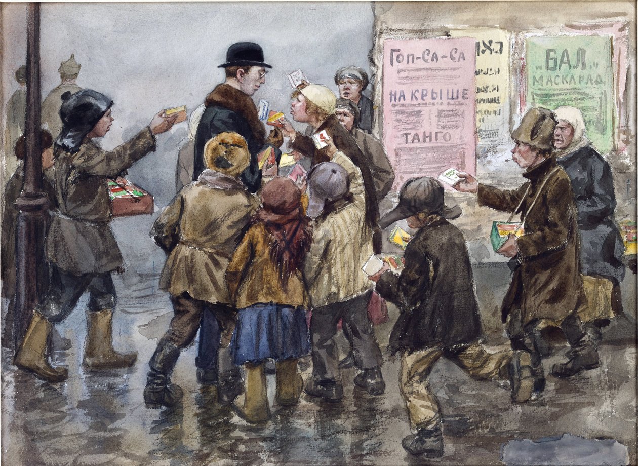 En utlänning attackerad av cigarettförsäljare i Petrograd av Vladimirov, Ivan Alexeyevich (1869-1947). Akvarell, Gouache på papper av Ivan Alexeyevich Vladimirov