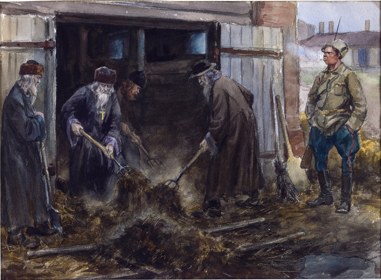 En grupp ryska präster tvingades rensa kasernstallet av Vladimirov, Ivan Aleksijevitj (1869-1947). Akvarell, Gouache på papper av Ivan Alexeyevich Vladimirov