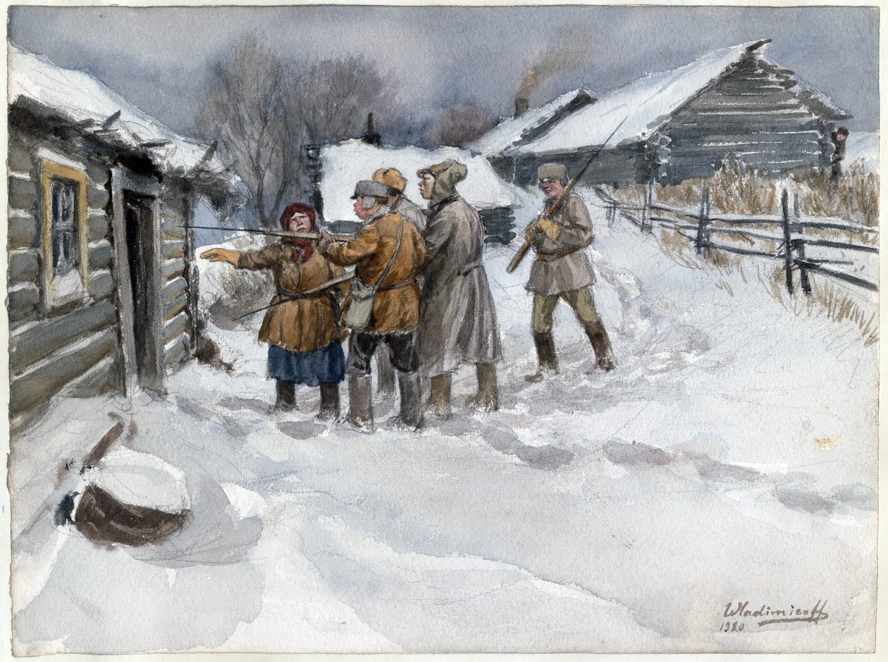 Avant la perquisition et la saisie - Före sökning och beslag (från serien av akvareller ryska revolutionen) - Vladimirov, Ivan Aleksijevitj (1869-1947) - 1920 - Akvarell på papper - 25,6x34,3 - Privat samling av Ivan Alexeyevich Vladimirov