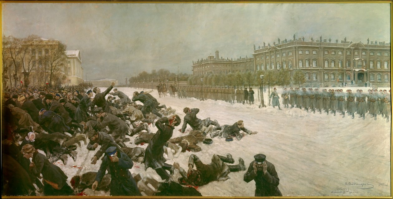Början av den ryska revolutionen 1905: "" Skottlossning på Palace Square den 22 januari av Ivan Alexeyevich Vladimirov