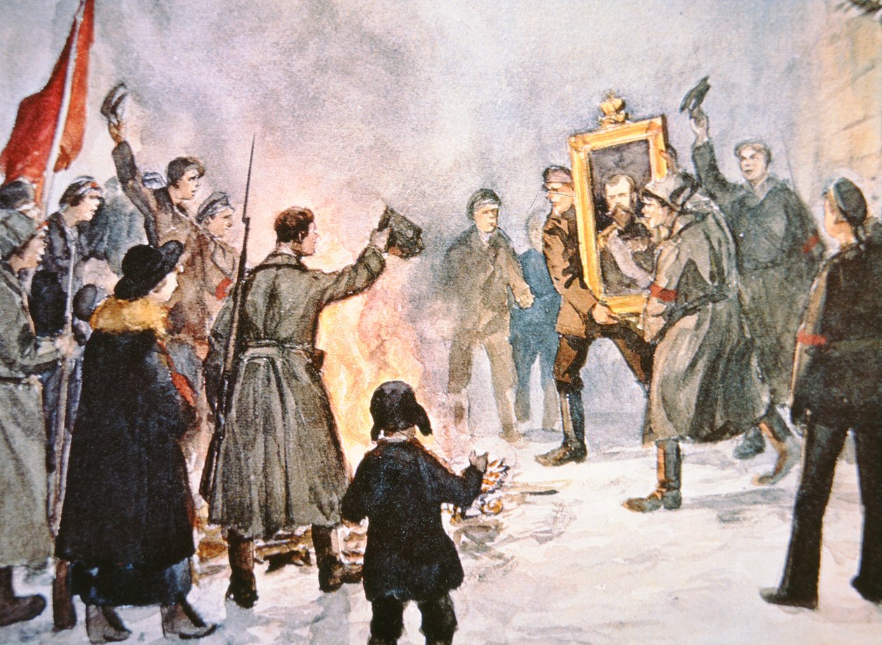 Bolsjeviksoldater på väg att bränna ett porträtt av tsaren under den ryska revolutionen 1917 (litho i färg) av Ivan Alexeyevich Vladimirov