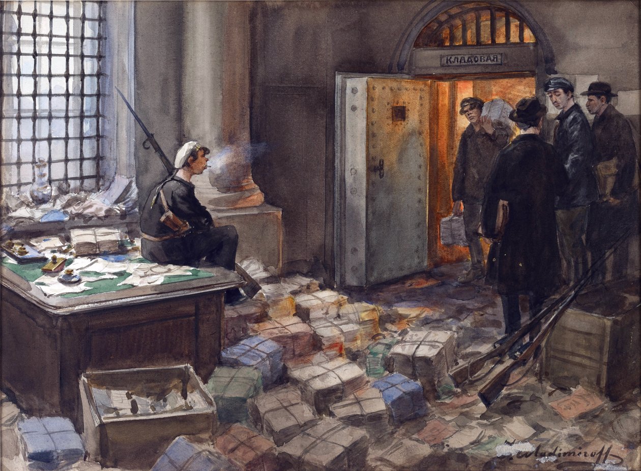 Konfiskering av obligationer i Wawelbergbanken i Petrograd av Vladimirov, Ivan Alexeyevich (1869-1947). Akvarell, Gouache på papper av Ivan Alexeyevich Vladimirov