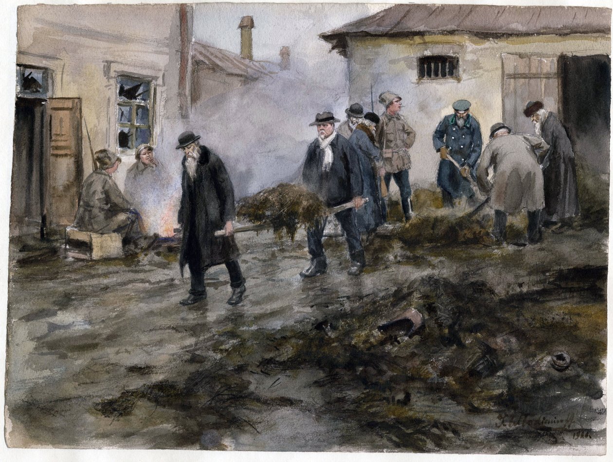 Bourgeois nettoyant une etable - Borgerlighet som städar stallet (från serien av akvareller ryska revolutionen) - Vladimirov, Ivan Aleksijevitj (1869-1947) - 1920 - Akvarell på papper - 25,8x34,4 - Privat samling av Ivan Alexeyevich Vladimirov