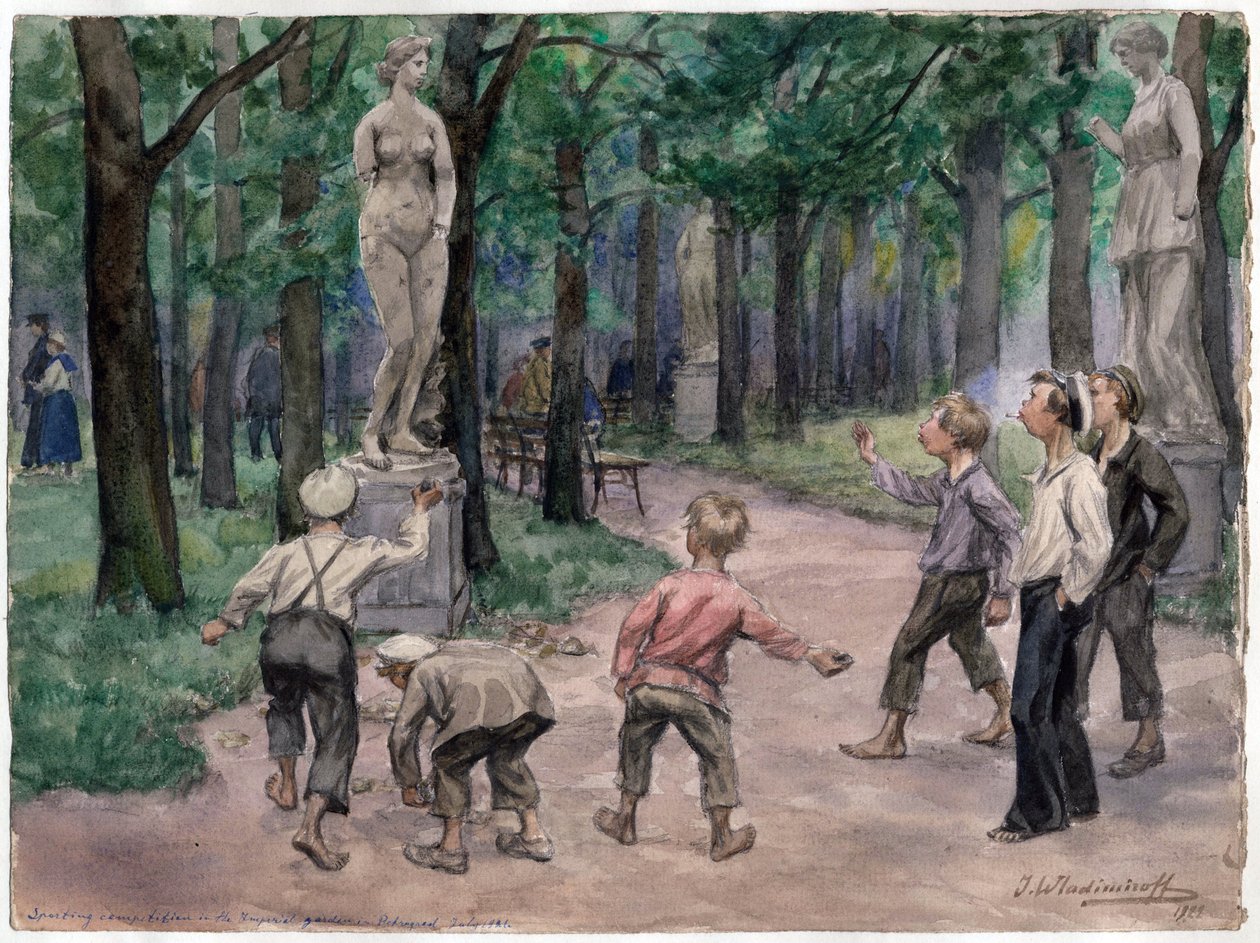 Idrottstävling i den kejserliga trädgården, Sankt Petersburg (barn kastar sten på en staty av en naken kvinna) - Idrottstävling i den kejserliga trädgården: Petrograd, juli 1921 (från serien av akvareller ryska revolutionen) - Vladim av Ivan Alexeyevich Vladimirov