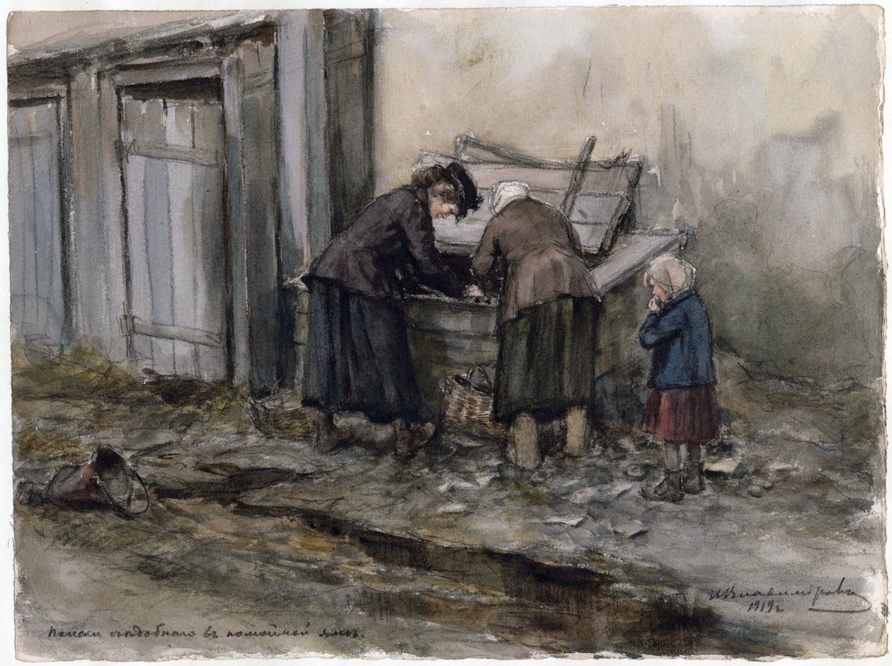 Två kvinnor och ett barn letar efter sin måltid i en papperskorg - Två kvinnor och ett barn söker genom soptunnan (från serien av akvareller ryska revolutionen) - Vladimirov, Ivan Aleksijevitj (1869-1947) - 1919 - Akvarell på papper - 25 ,8x34,5 - P av Ivan Alexeyevich Vladimirov